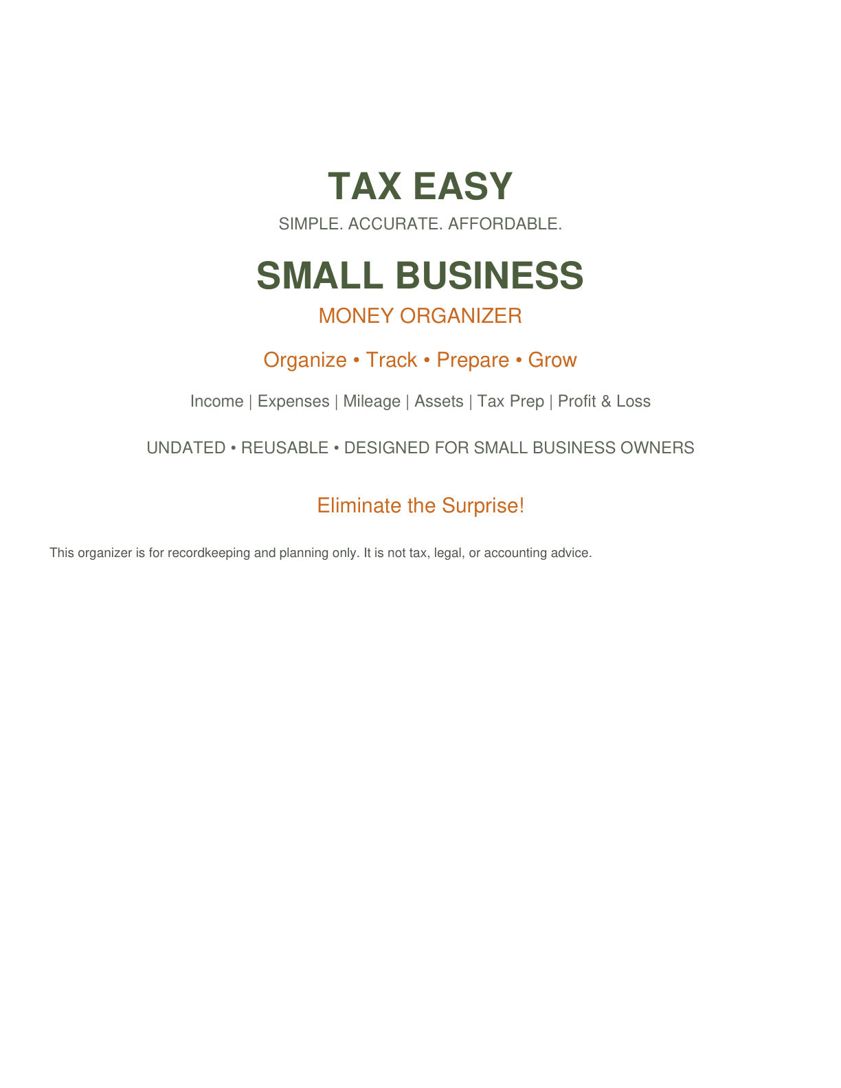 Tax Easy Small Business Money Organizer cover