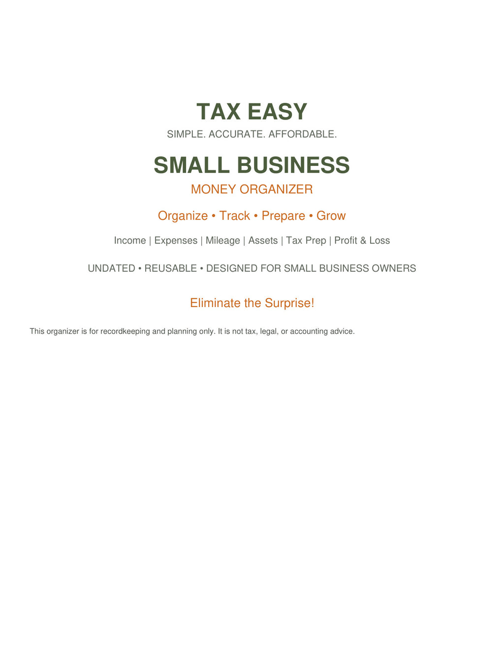 Tax Easy Small Business Money Organizer cover
