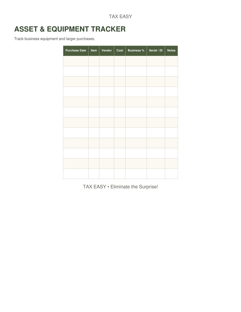 Tax Easy asset and equipment tracker preview