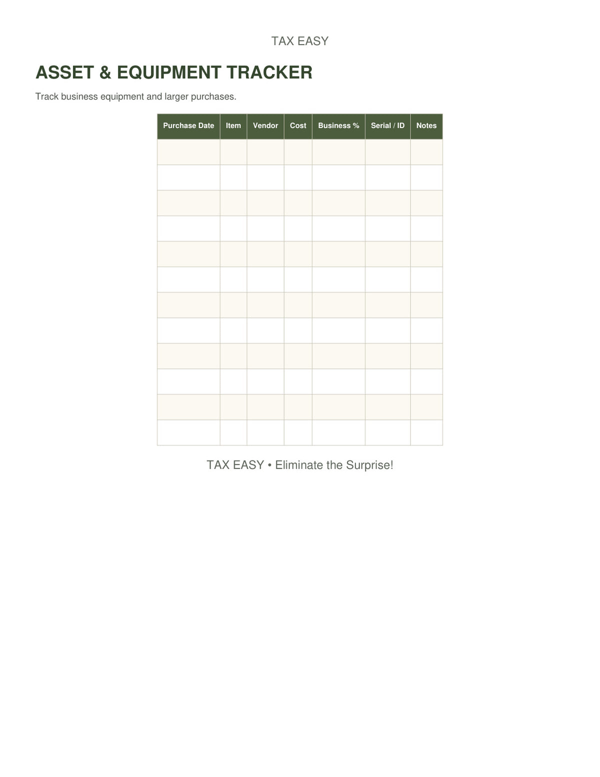 Tax Easy asset and equipment tracker preview