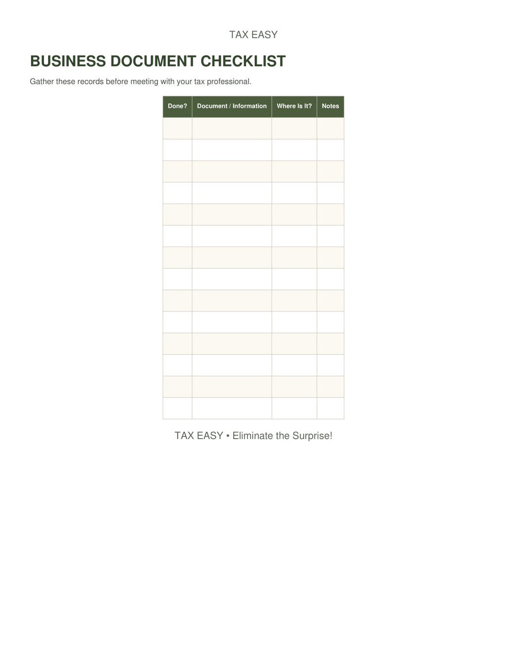 Tax Easy business document checklist preview